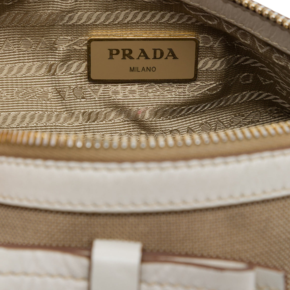 Prada Canvas Canapa Logo Bow Barrel Crossbody — Beige