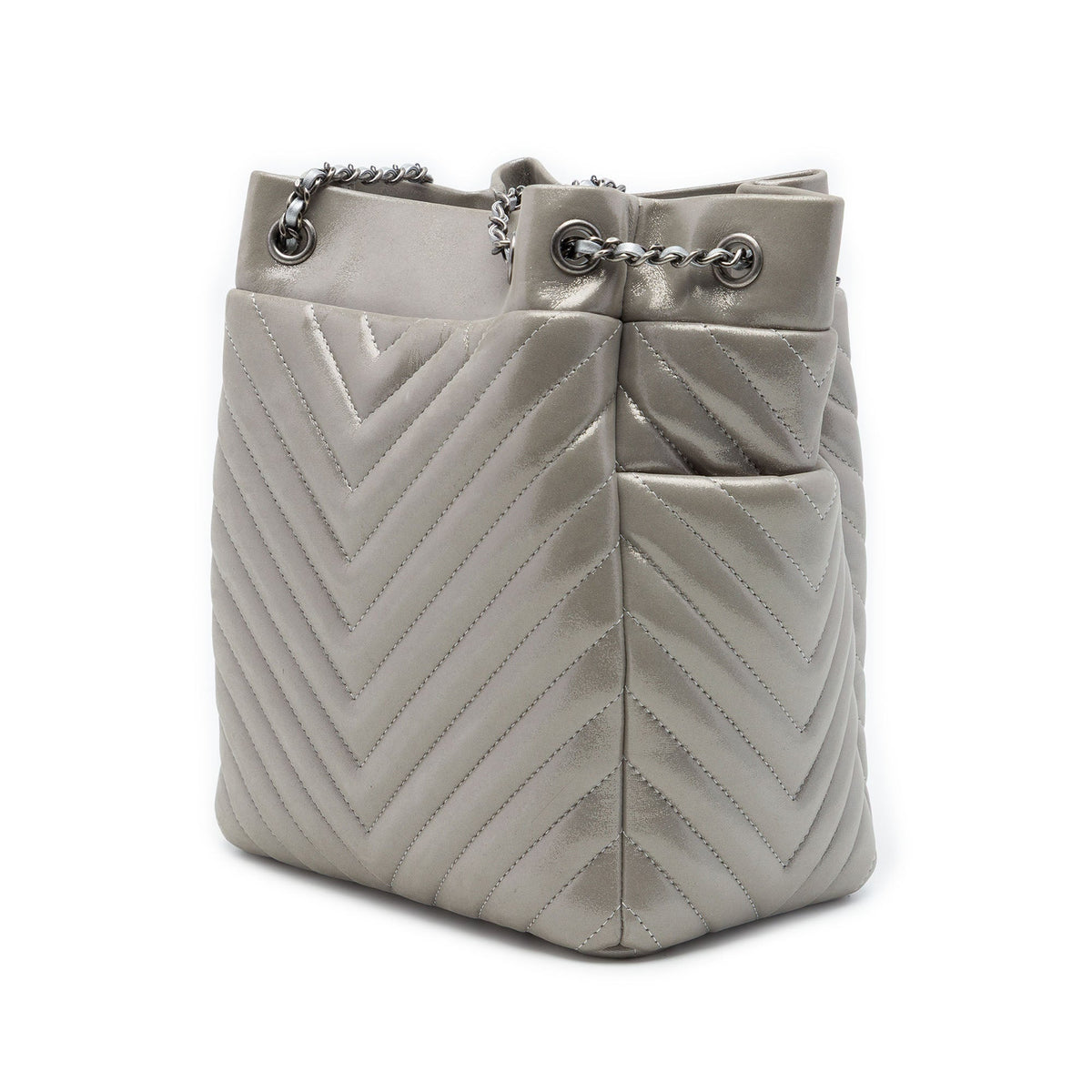 Chanel Small Chevron Iridescent Calfskin Urban Spirit Bucket Bag — Silver