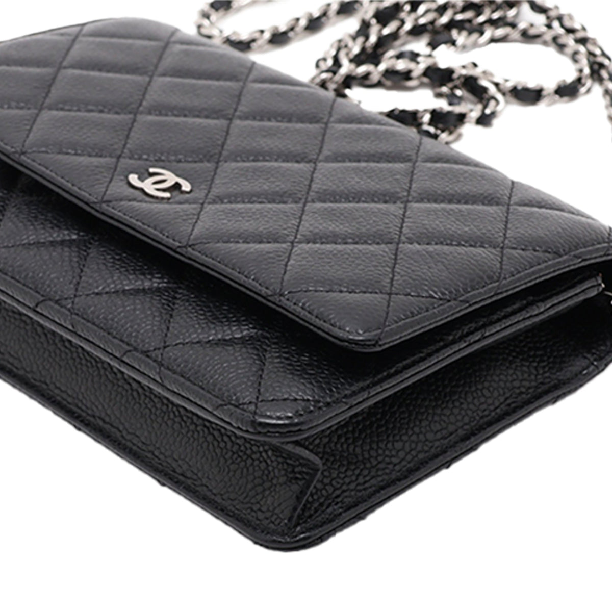 Chanel CC Quilted Caviar Wallet on Chain — Black