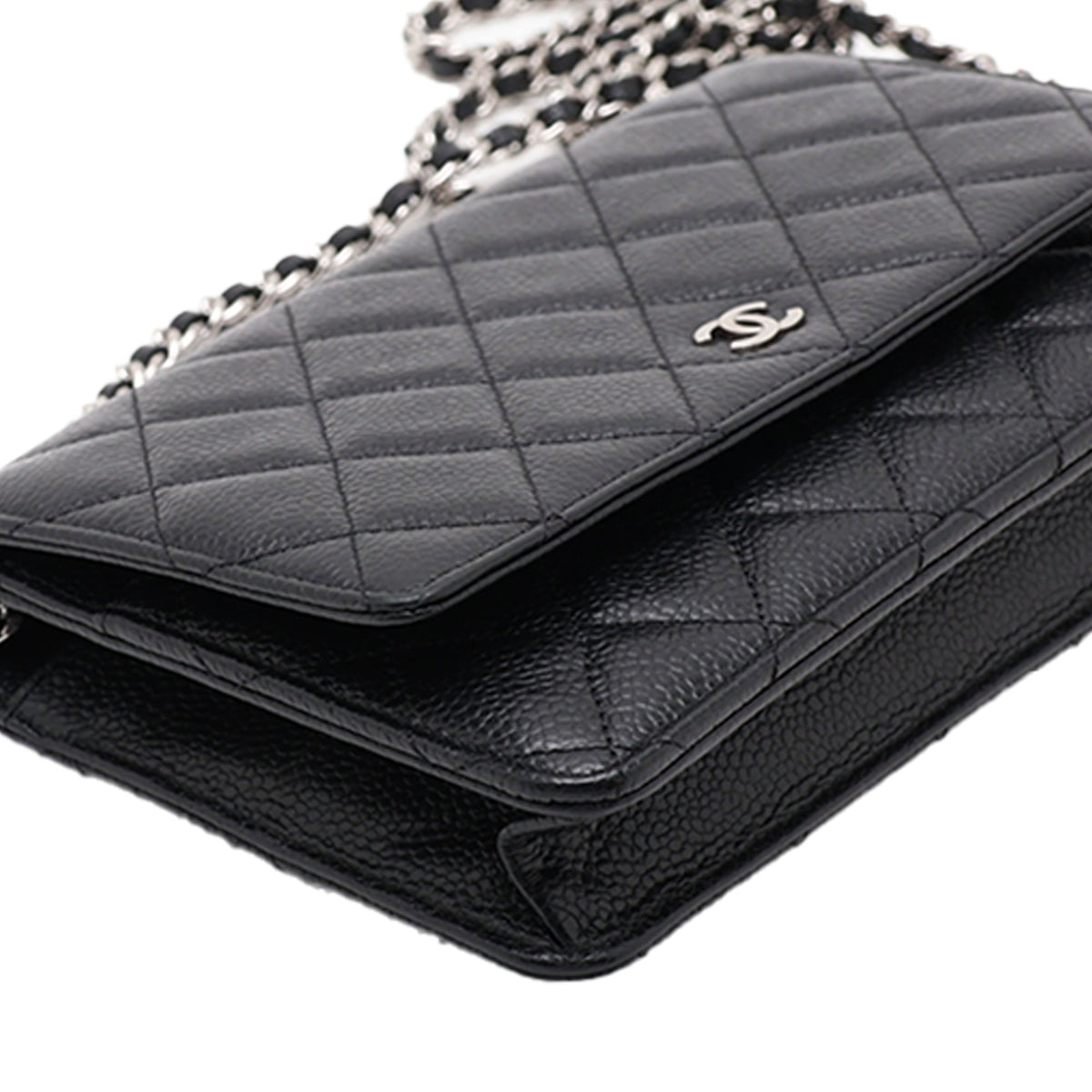 Chanel CC Quilted Caviar Wallet on Chain — Black