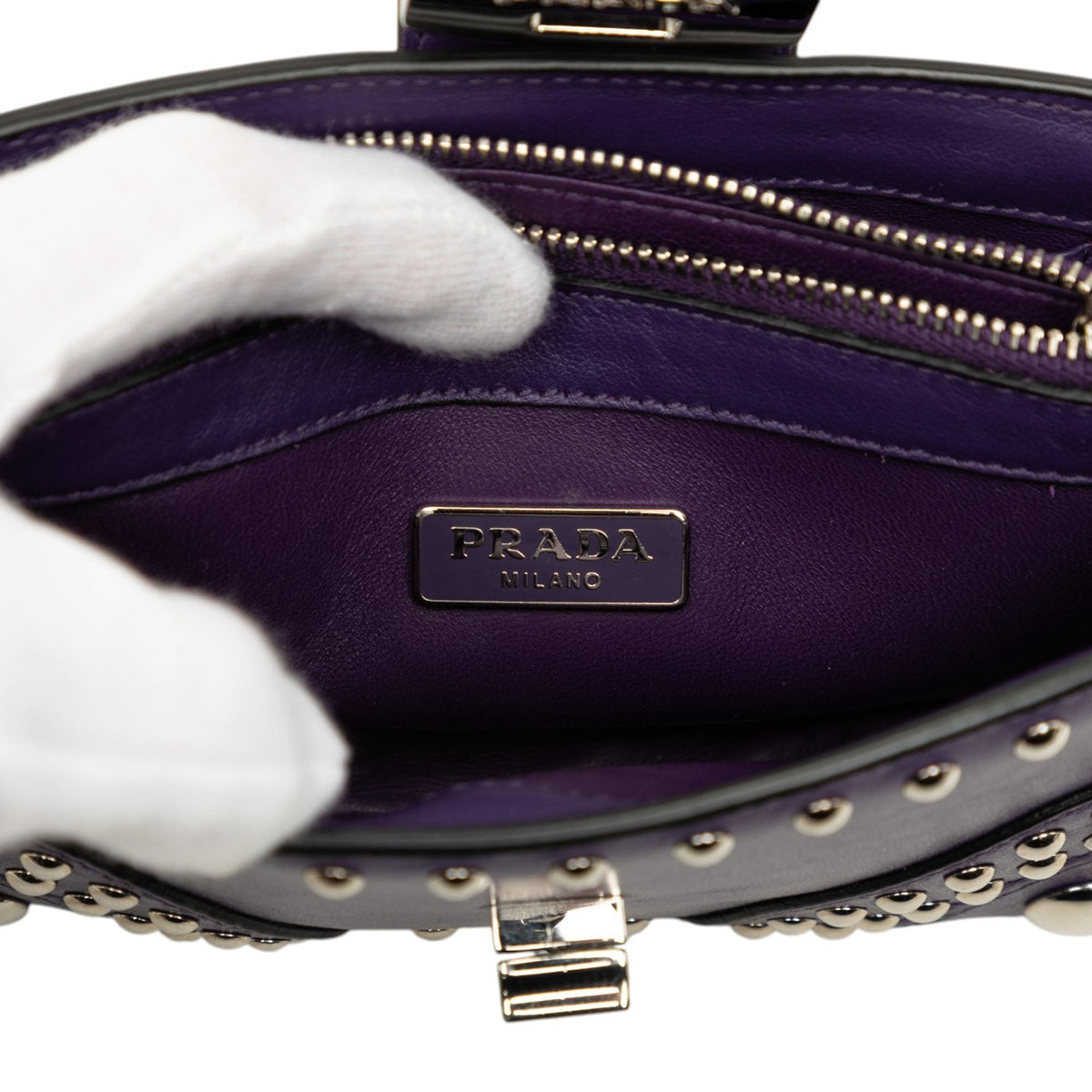 Prada City Calfskin Studded Elektra Turn Lock Clutch — Purple