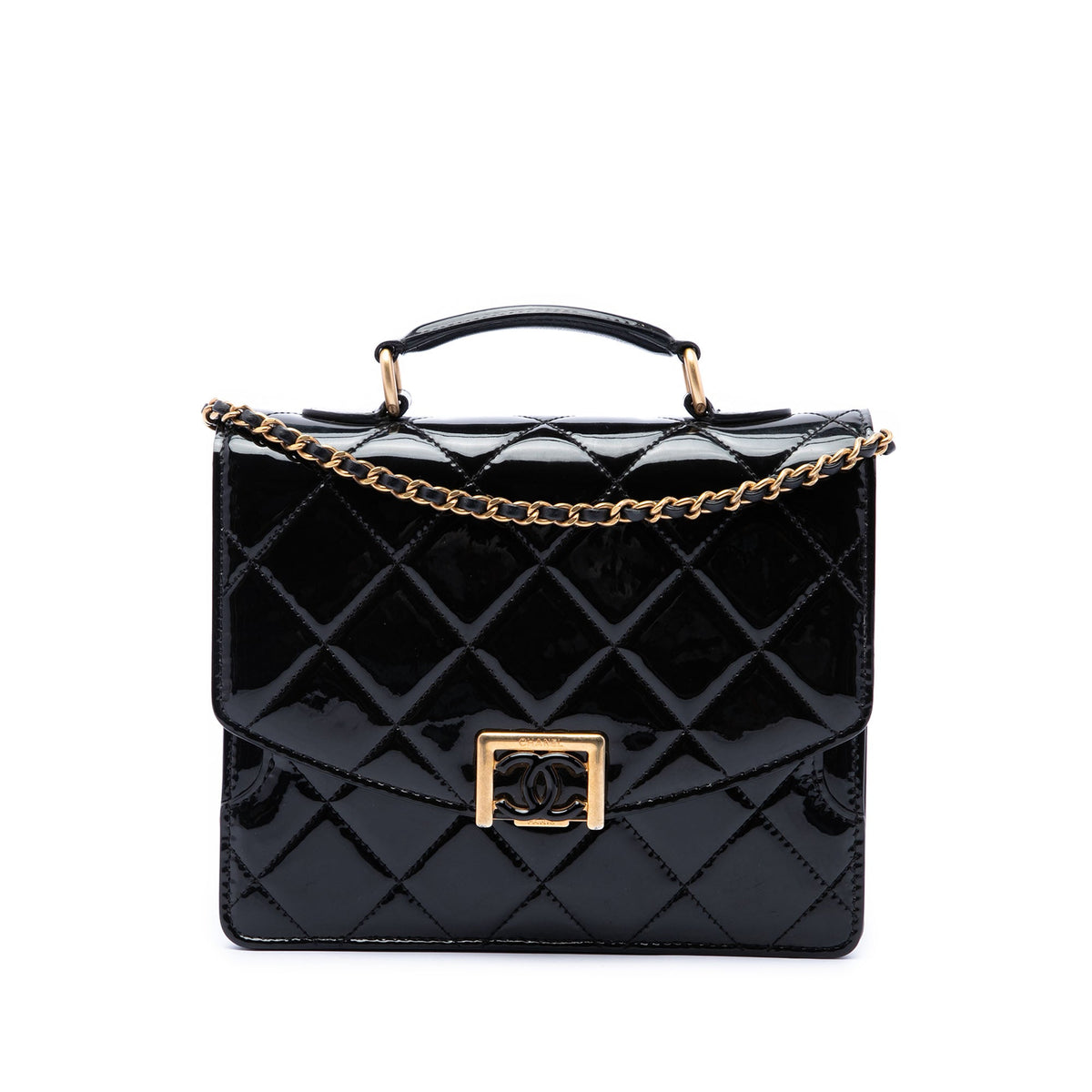Chanel CC Quilted Patent Accordion Pushlock Top Handle Flap — Black