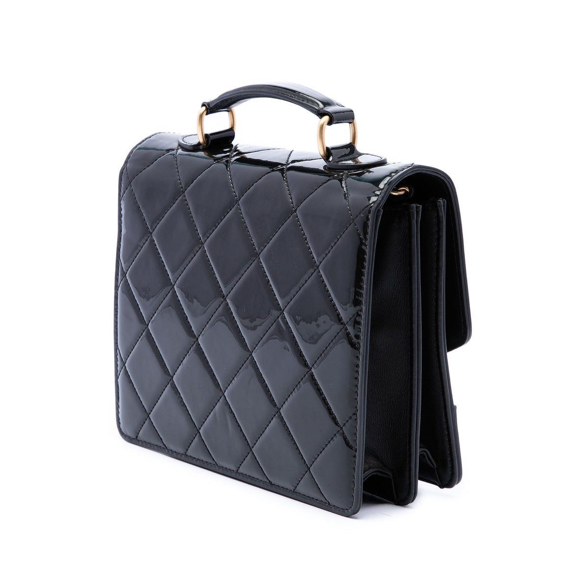 Chanel CC Quilted Patent Accordion Pushlock Top Handle Flap — Black