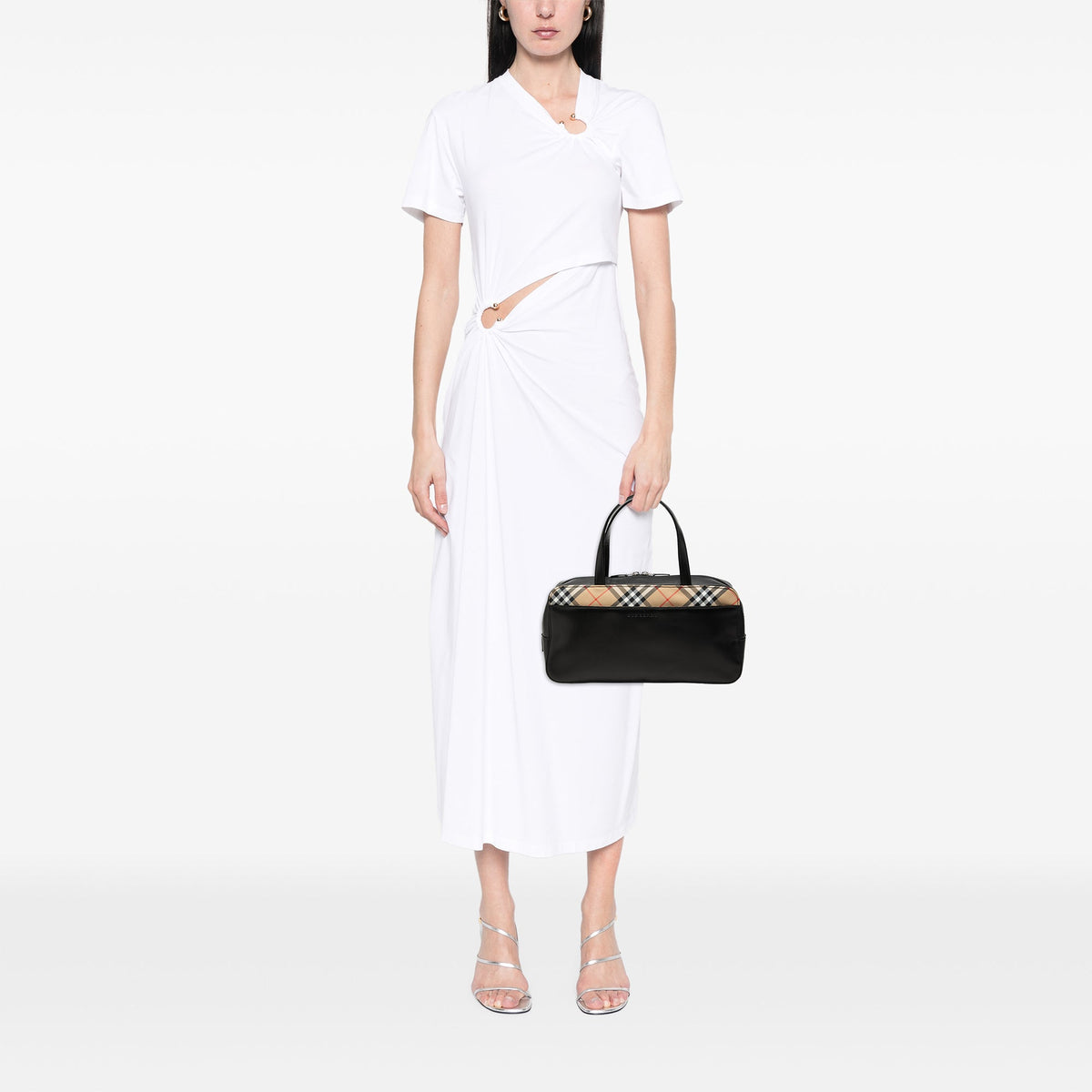 Burberry Nova Check Canvas Trimmed Leather Handbag — Black