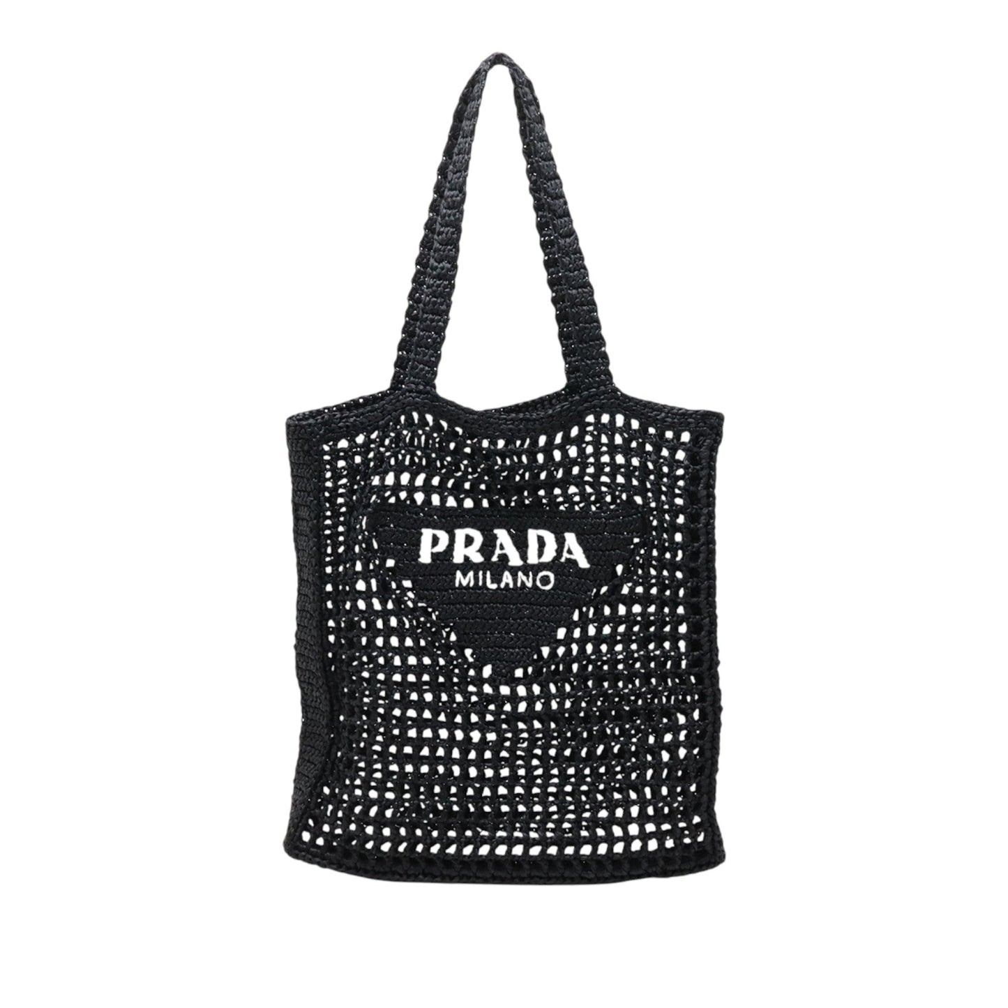 Prada Raffia Effect Crochet Embroidered Logo Tote