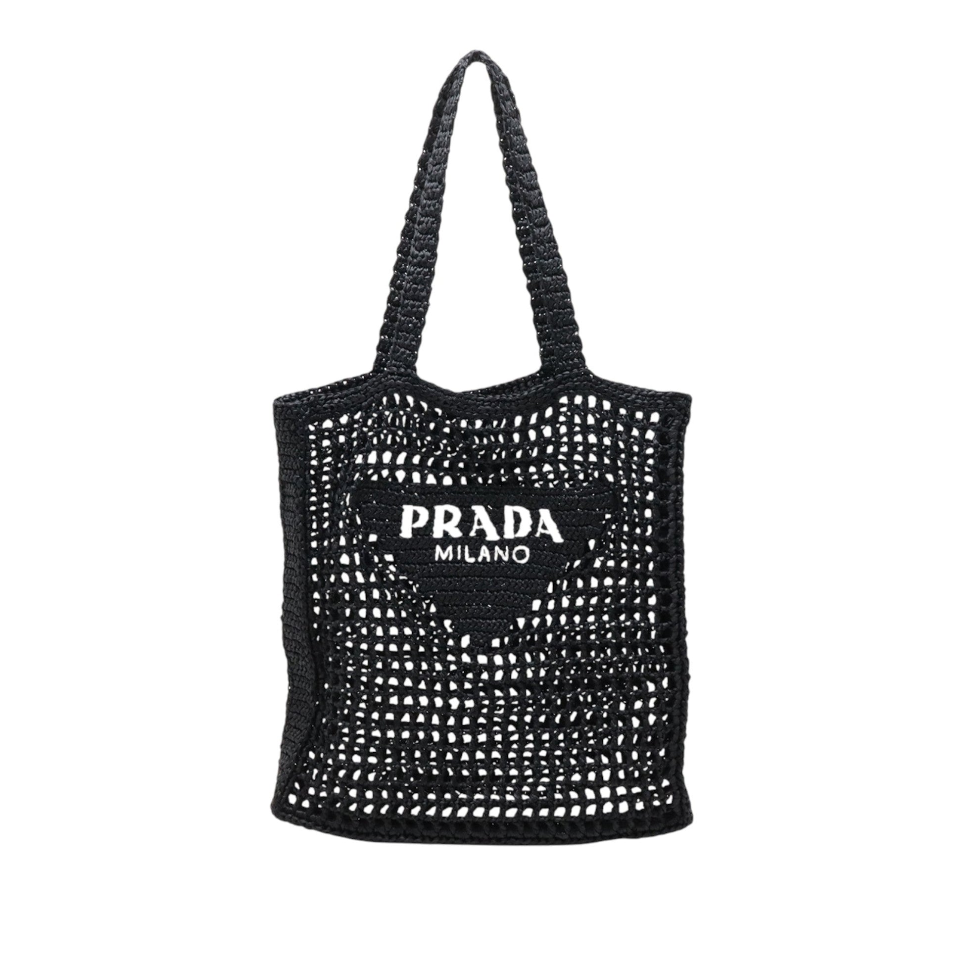 Prada Raffia Effect Crochet Embroidered Logo Tote