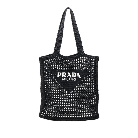 Prada Raffia Effect Crochet Embroidered Logo Tote