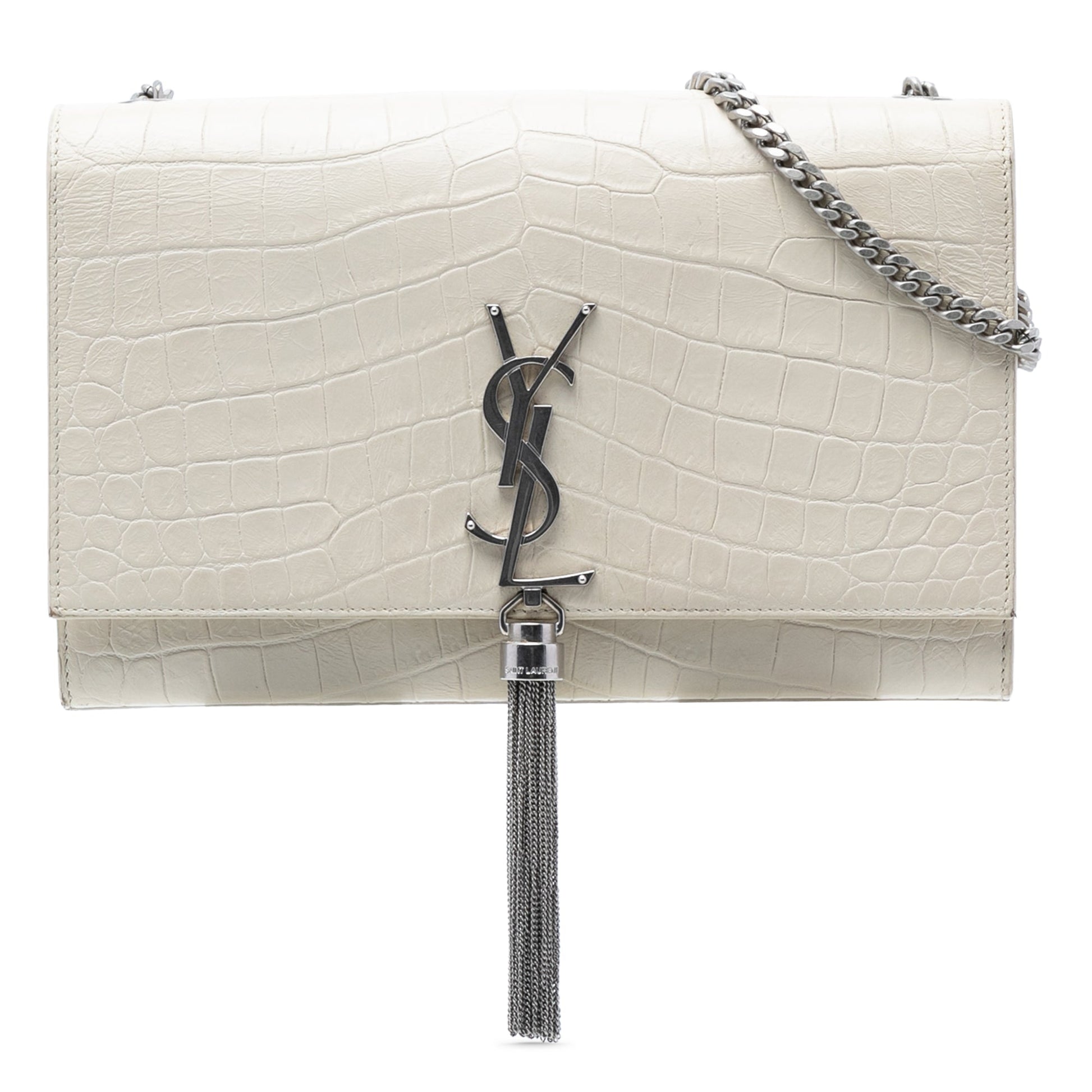 Saint Laurent Medium Croc Embossed Leather Monogram Kate Tassel Crossbody