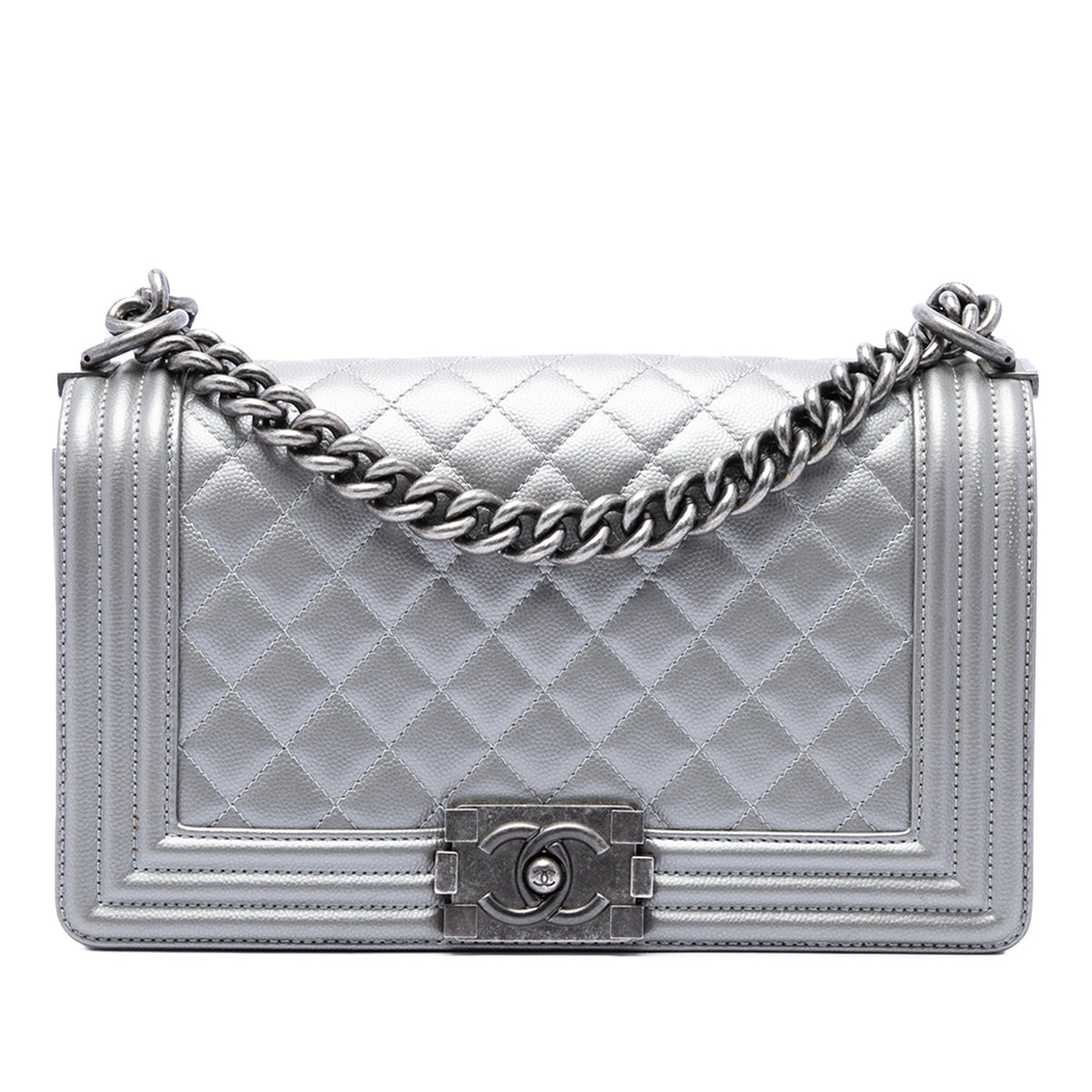 Chanel Old Medium Quilted Metallic Caviar Boy Flap — Gray