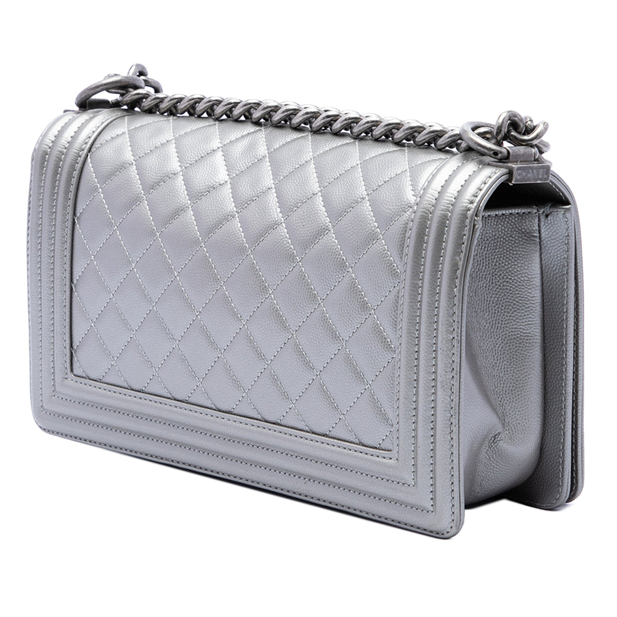 Chanel Old Medium Quilted Metallic Caviar Boy Flap — Gray