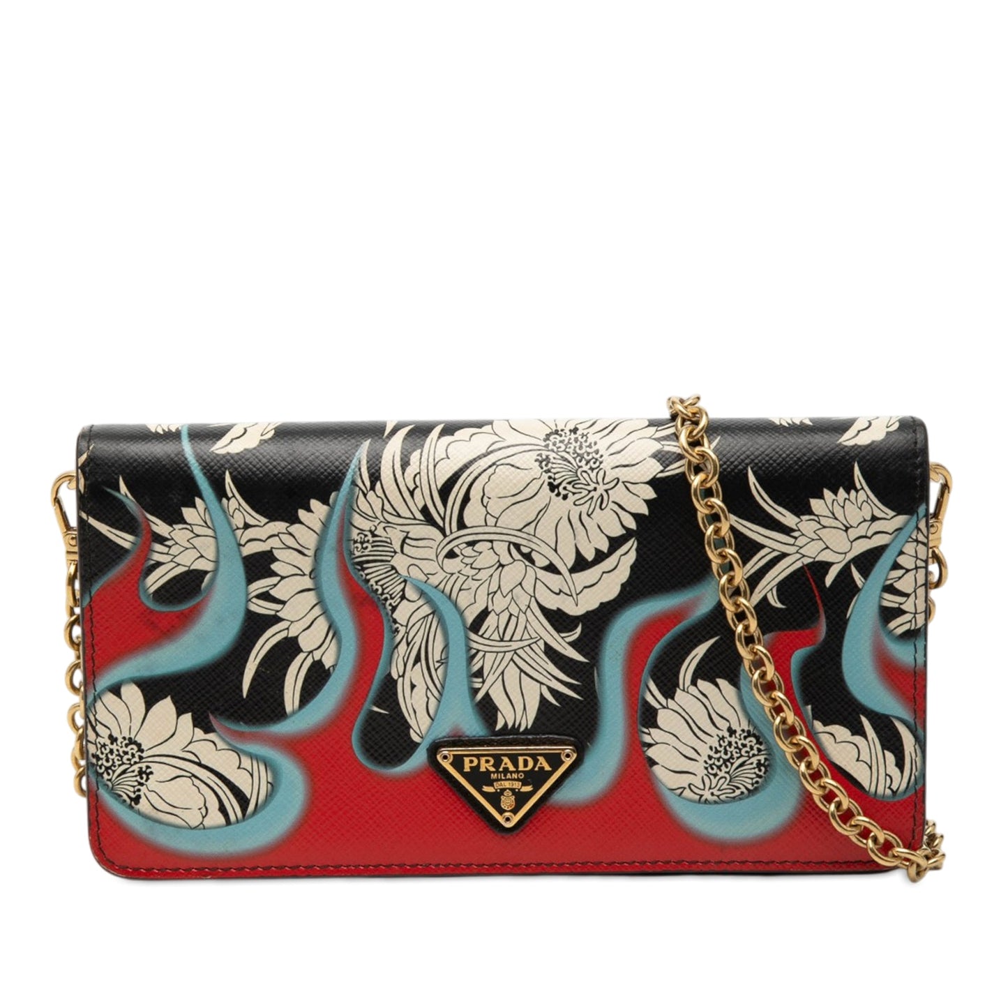 Prada Saffiano Floral Flame Print Wallet on Chain