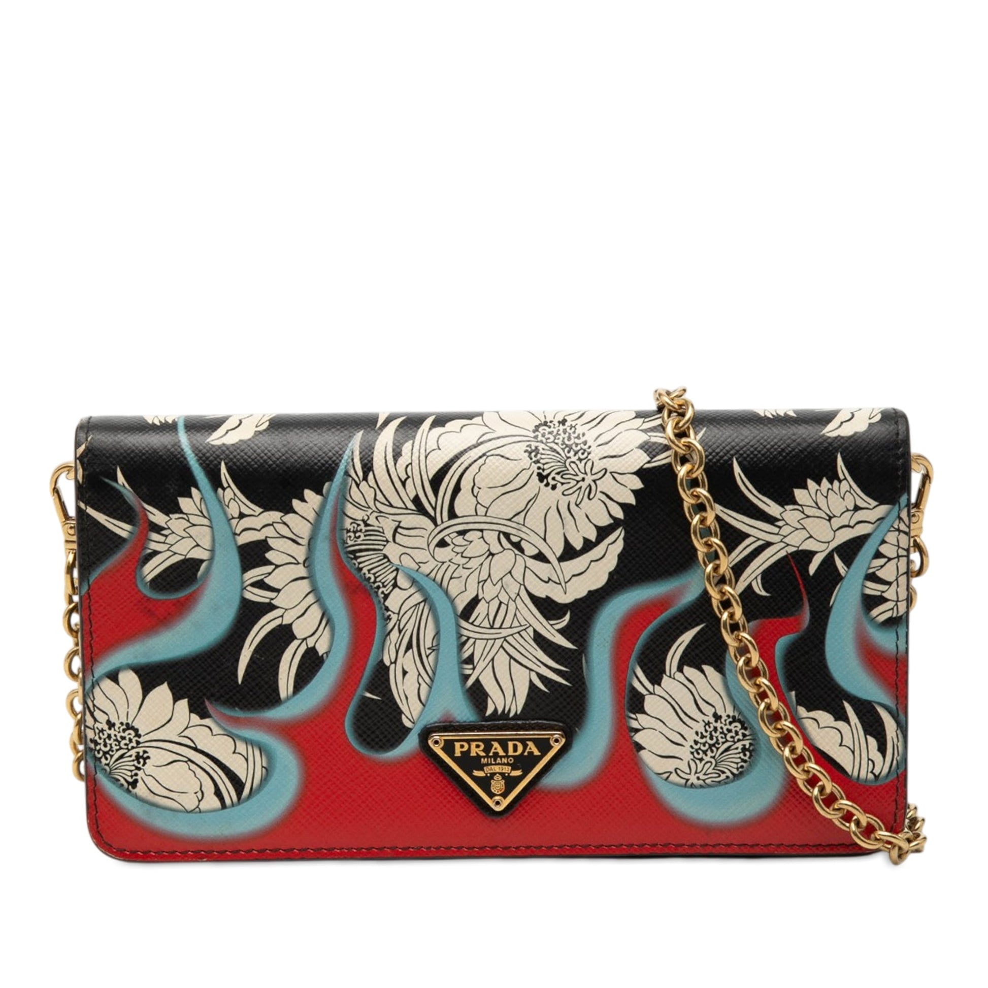 Prada Saffiano Floral Flame Print Wallet on Chain
