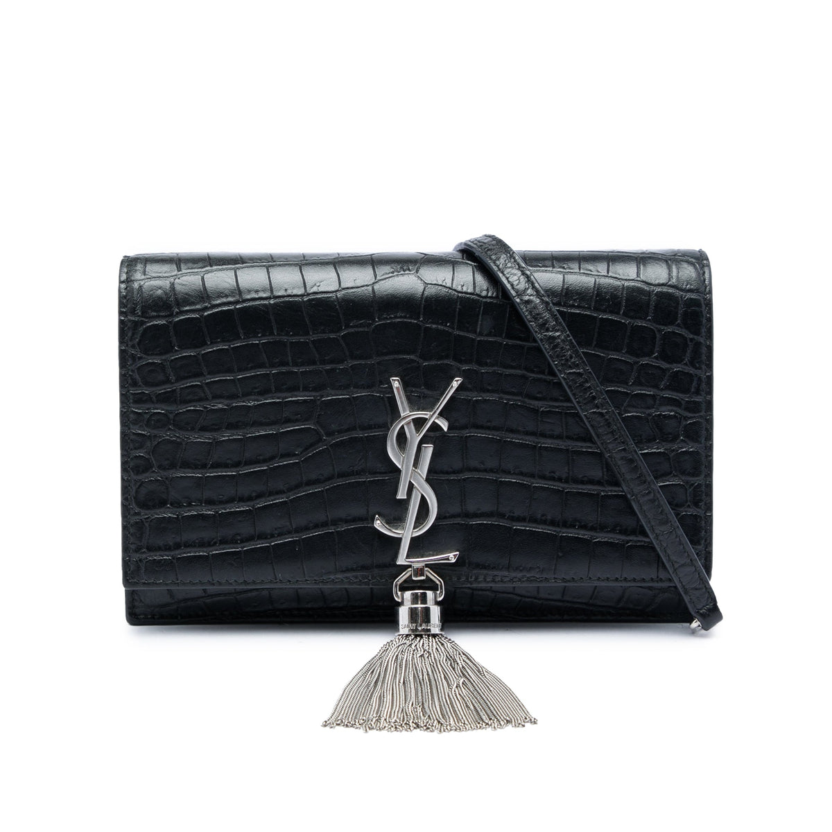 Saint Laurent Croc Embossed Leather Monogram Kate Tassel Wallet on Chain — Black