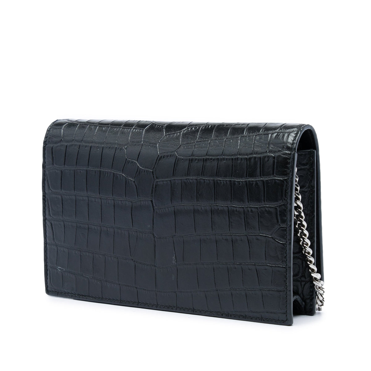 Saint Laurent Croc Embossed Leather Monogram Kate Tassel Wallet on Chain — Black
