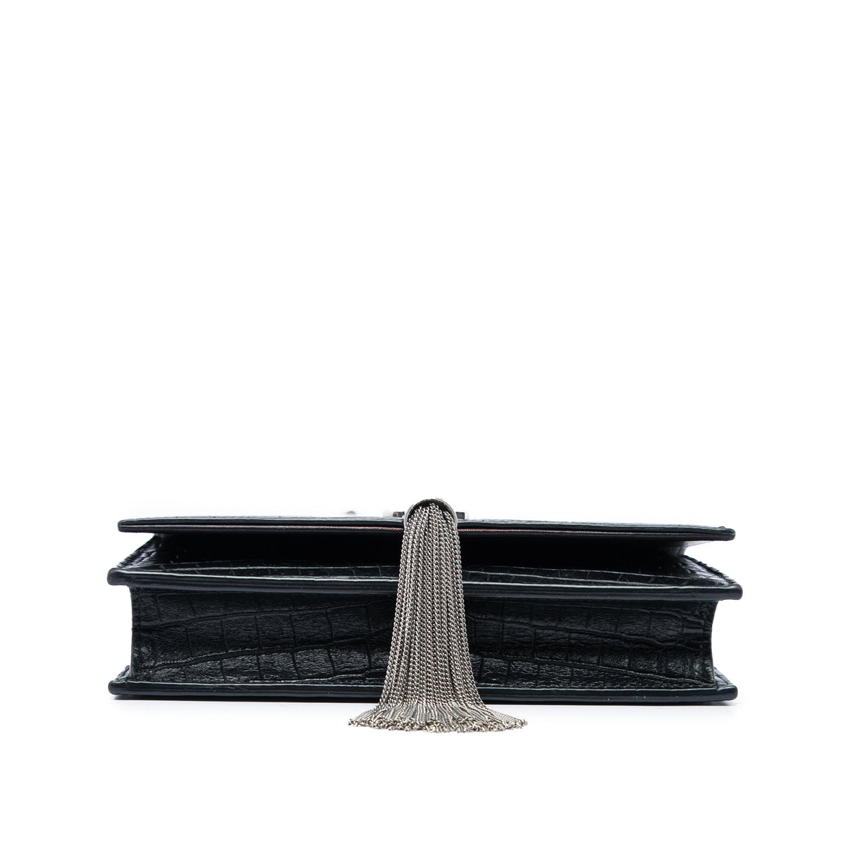 Saint Laurent Croc Embossed Leather Monogram Kate Tassel Wallet on Chain — Black