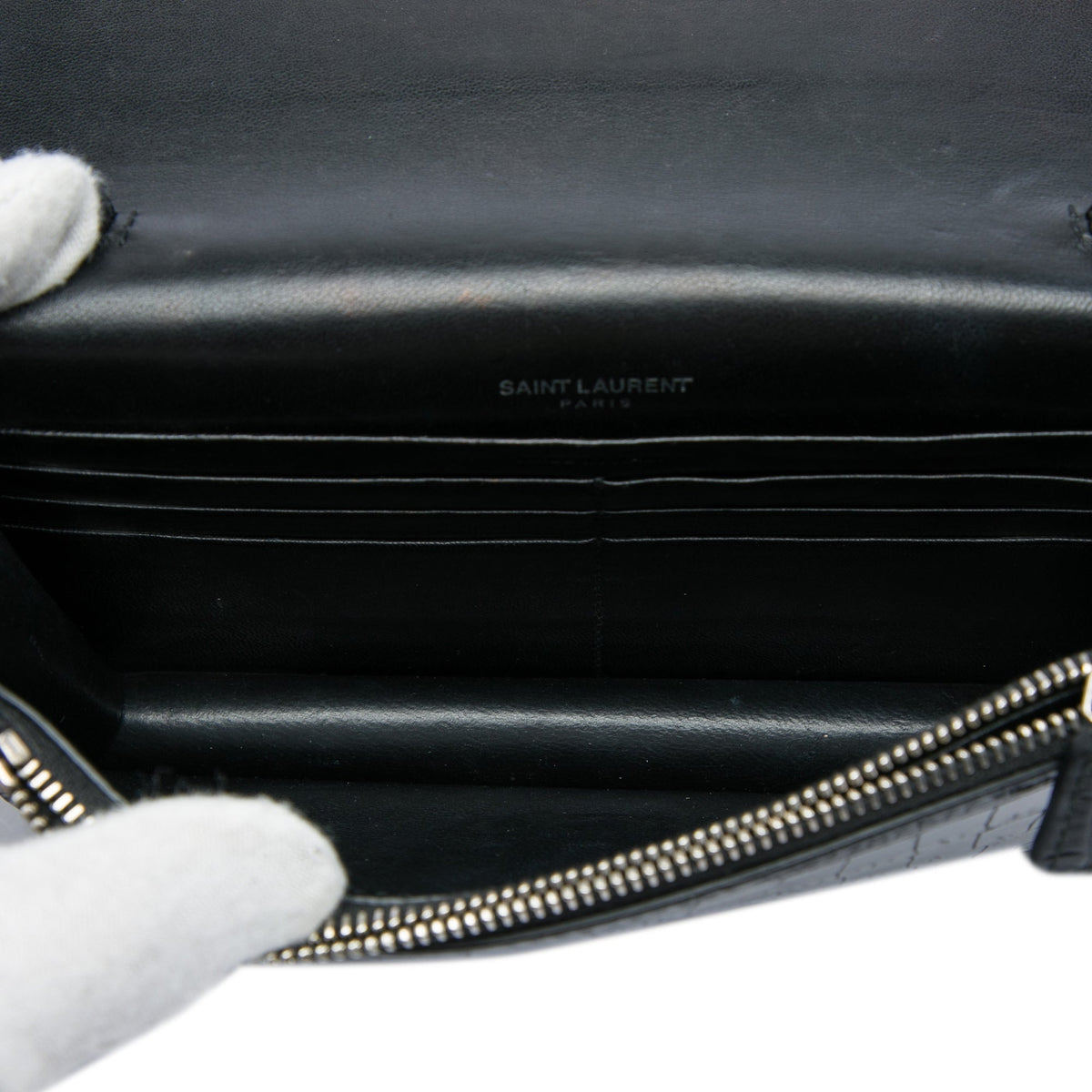 Saint Laurent Croc Embossed Leather Monogram Kate Tassel Wallet on Chain — Black