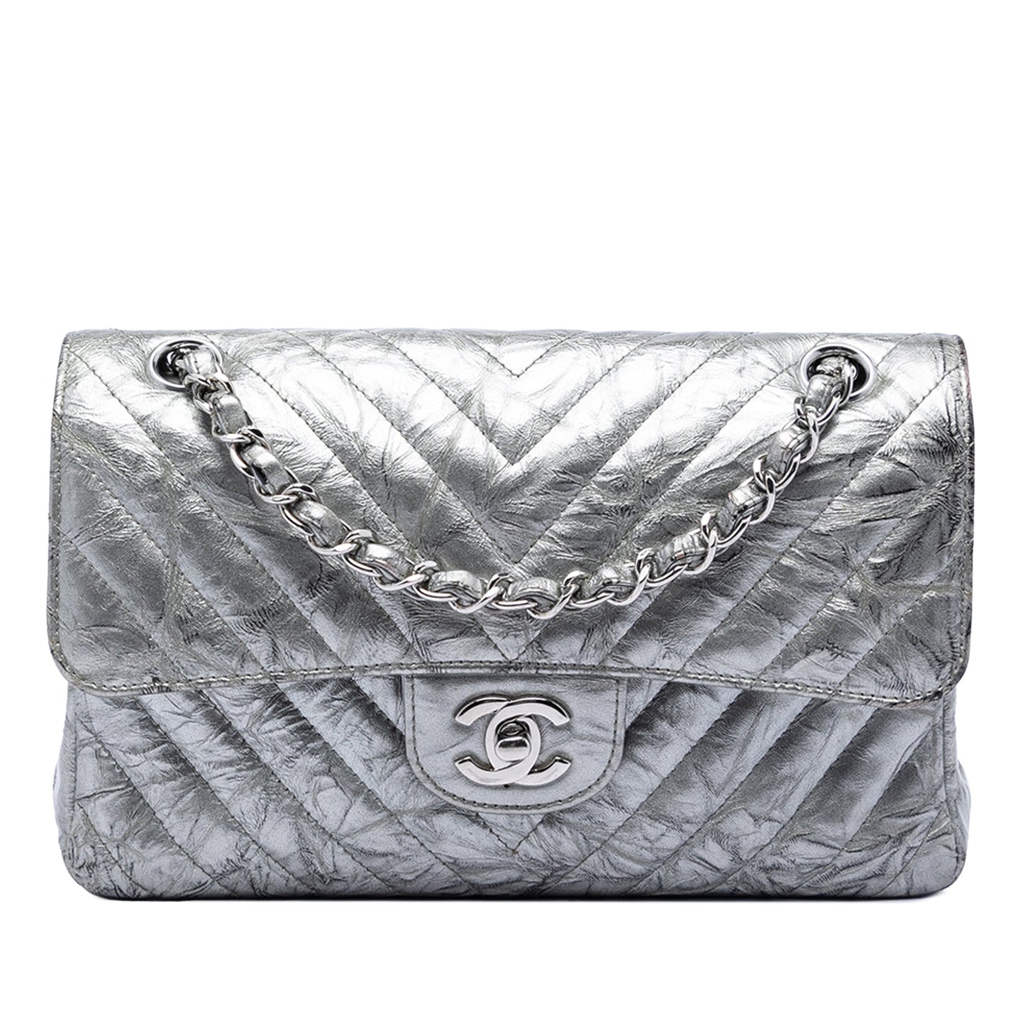 Chanel Small Classic Chevron Metallic Crumpled Calfskin Double Flap