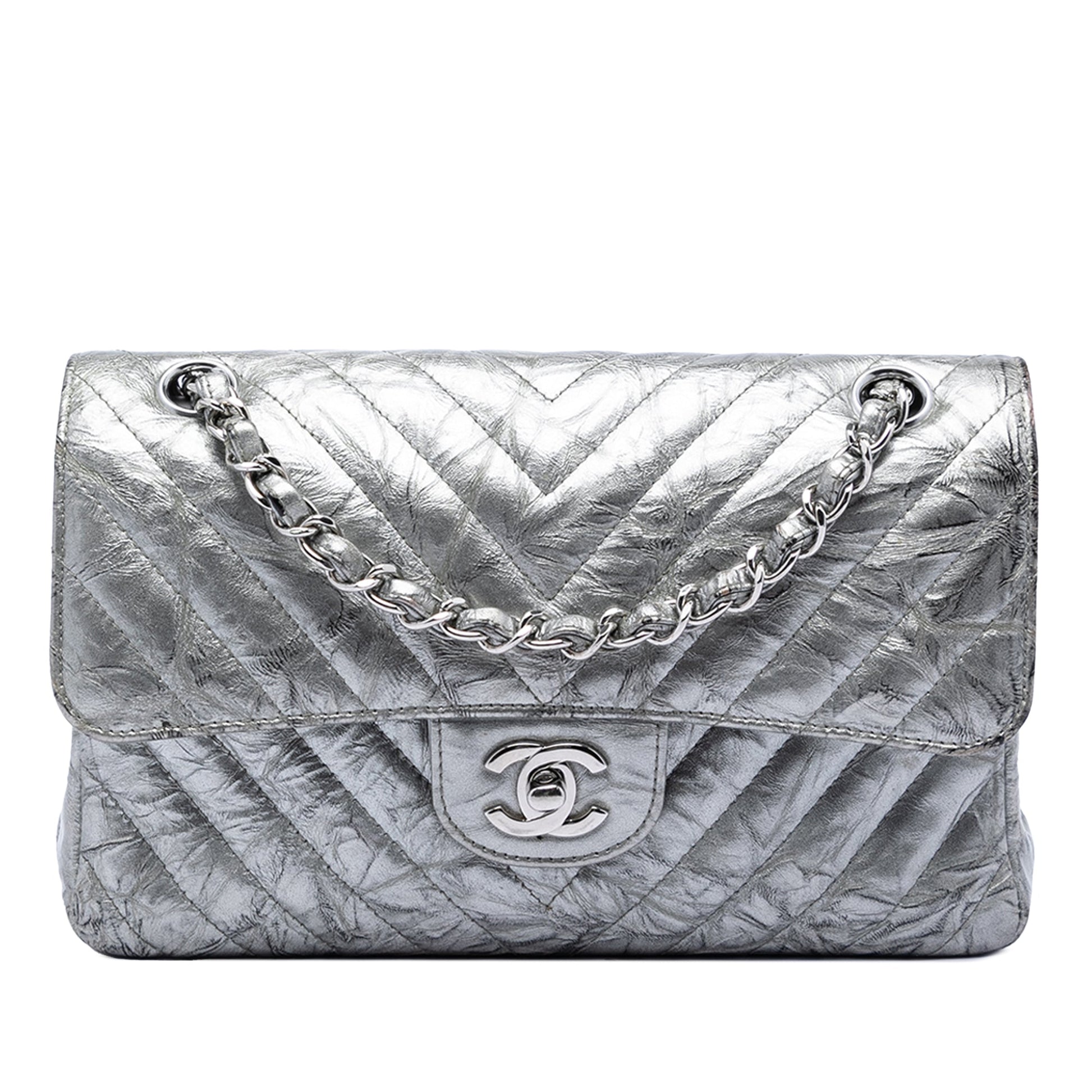 Chanel Small Classic Chevron Metallic Crumpled Calfskin Double Flap