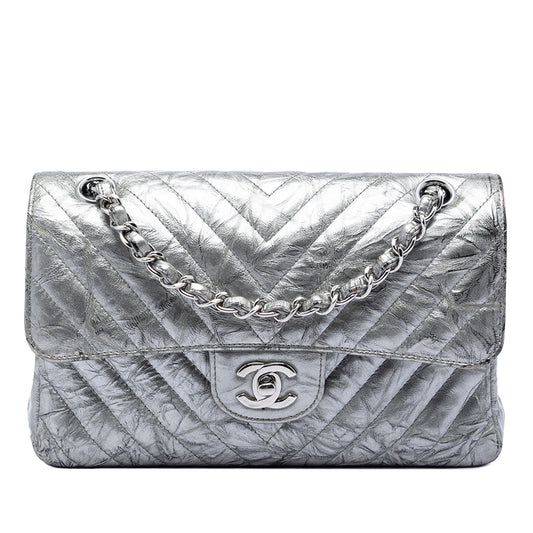 Chanel Small Classic Chevron Metallic Crumpled Calfskin Double Flap