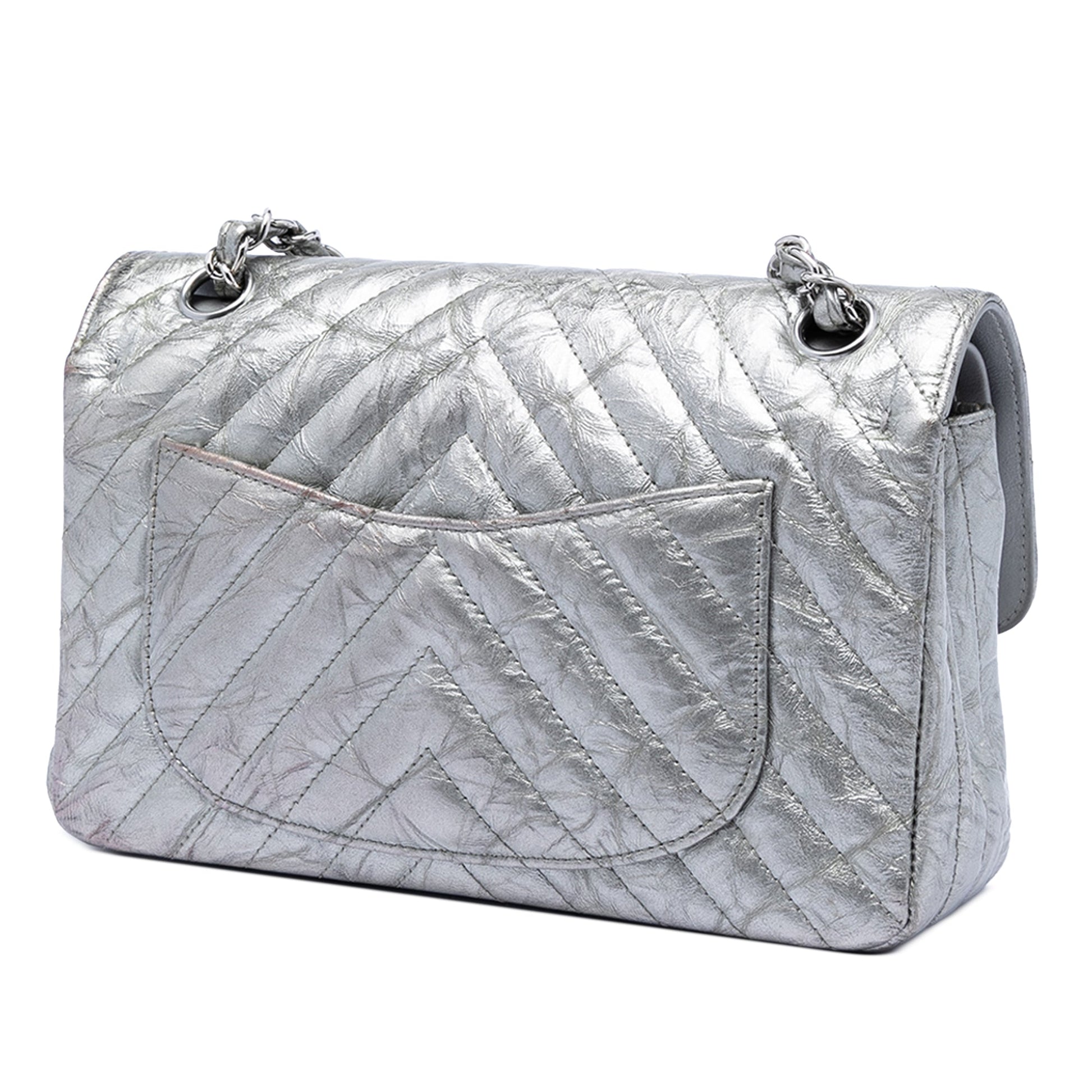 Chanel Small Classic Chevron Metallic Crumpled Calfskin Double Flap