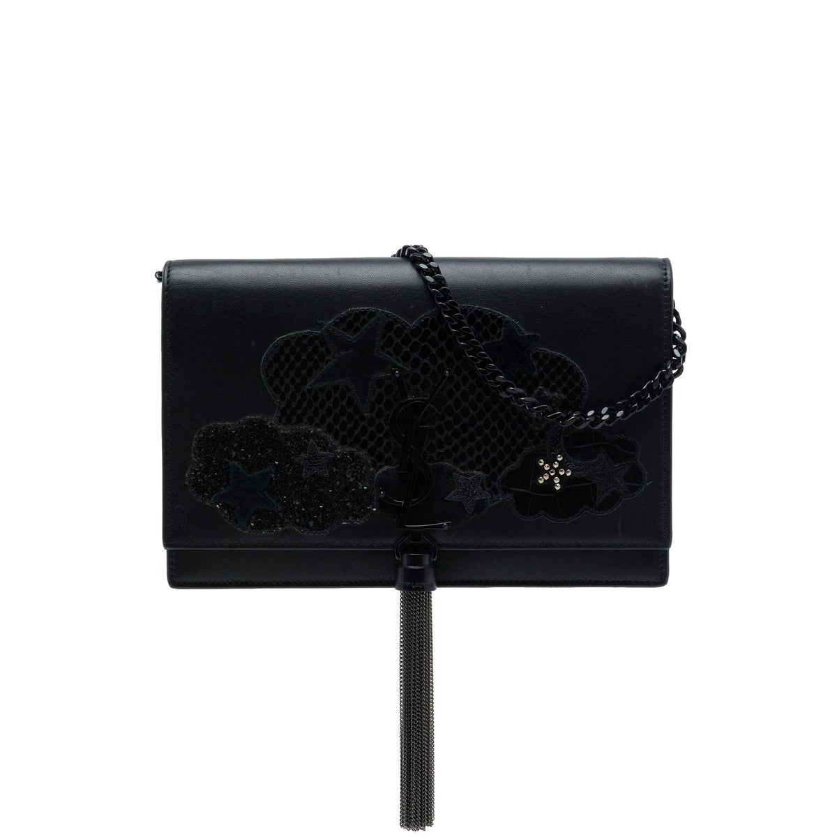 Saint Laurent Calfskin Cloud Star Applique Classic Monogram Kate Tassel Wallet on Chain — Black