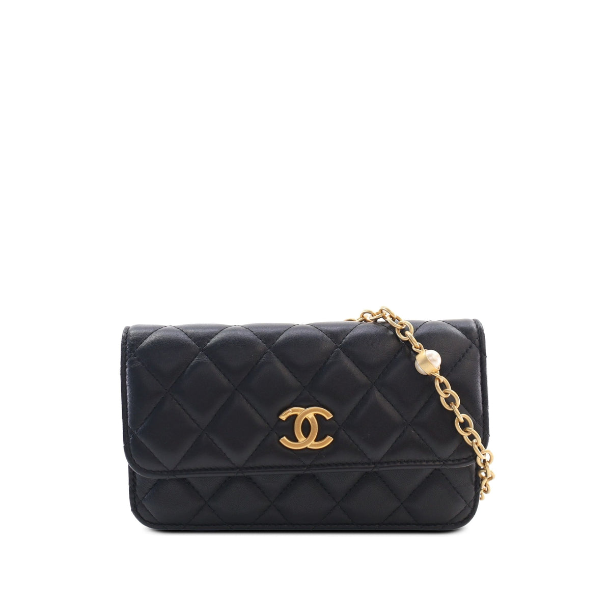Chanel CC Quilted Lambskin Enamel and Pearl Wallet On Chain — Black