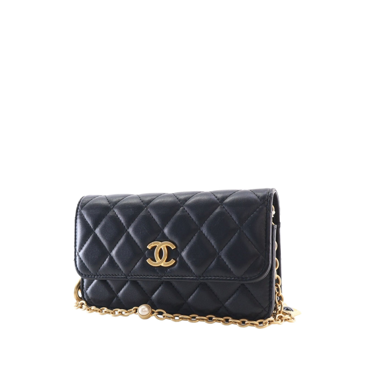 Chanel CC Quilted Lambskin Enamel and Pearl Wallet On Chain — Black