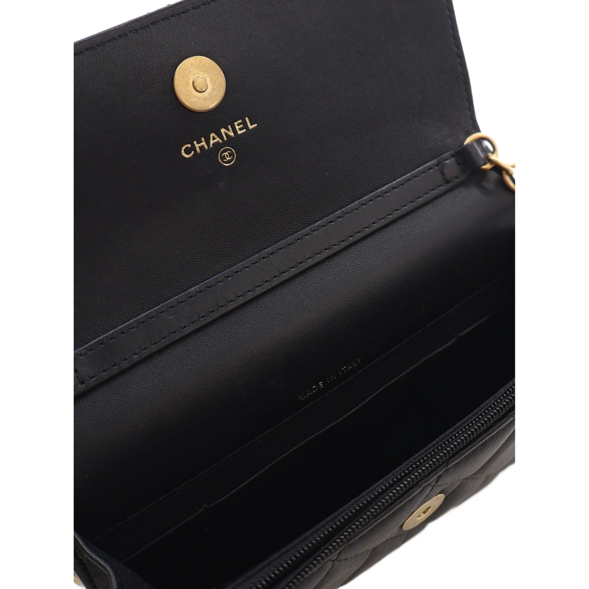 Chanel CC Quilted Lambskin Enamel and Pearl Wallet On Chain — Black