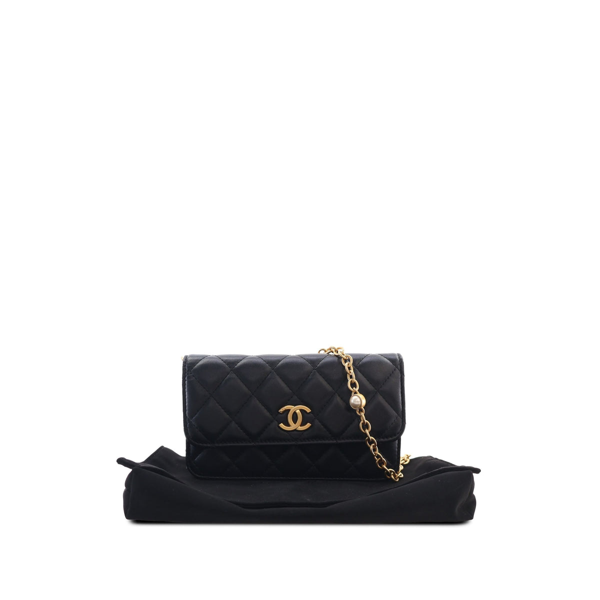 Chanel CC Quilted Lambskin Enamel and Pearl Wallet On Chain — Black