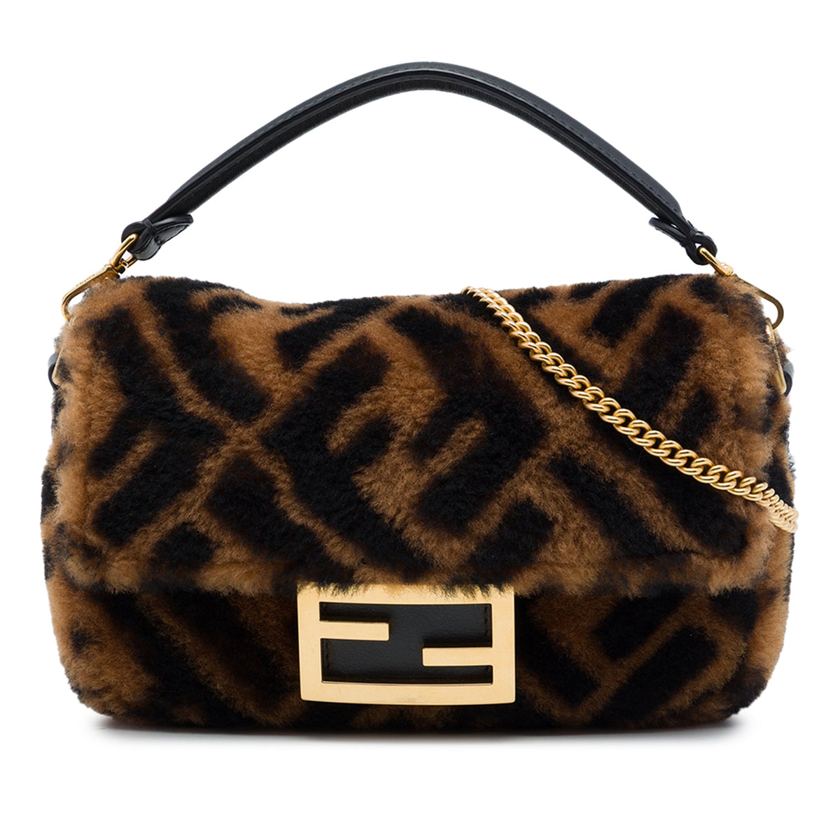Fendi Mini Zucca Shearling Chain Baguette Satchel — Brown