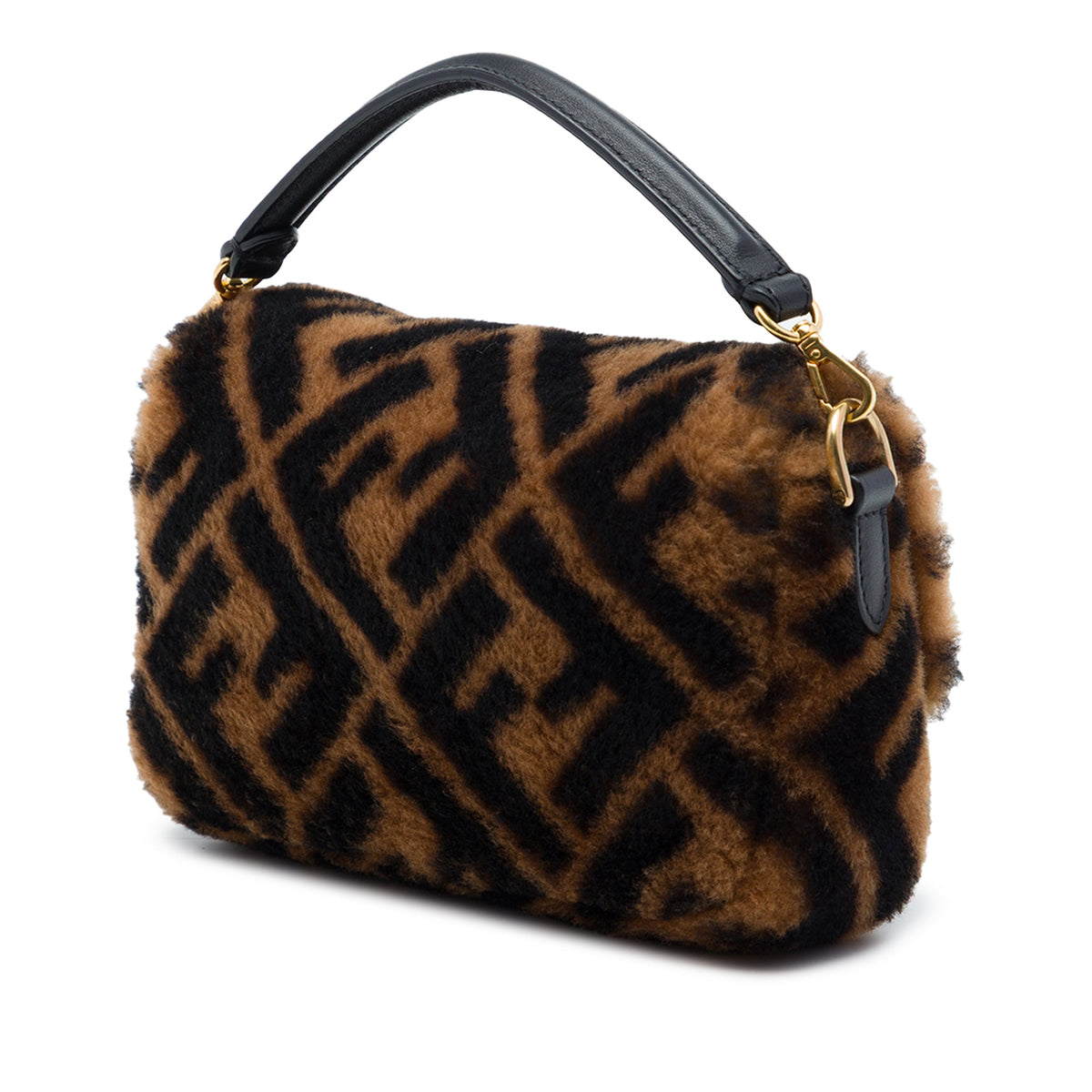 Fendi Mini Zucca Shearling Chain Baguette Satchel — Brown