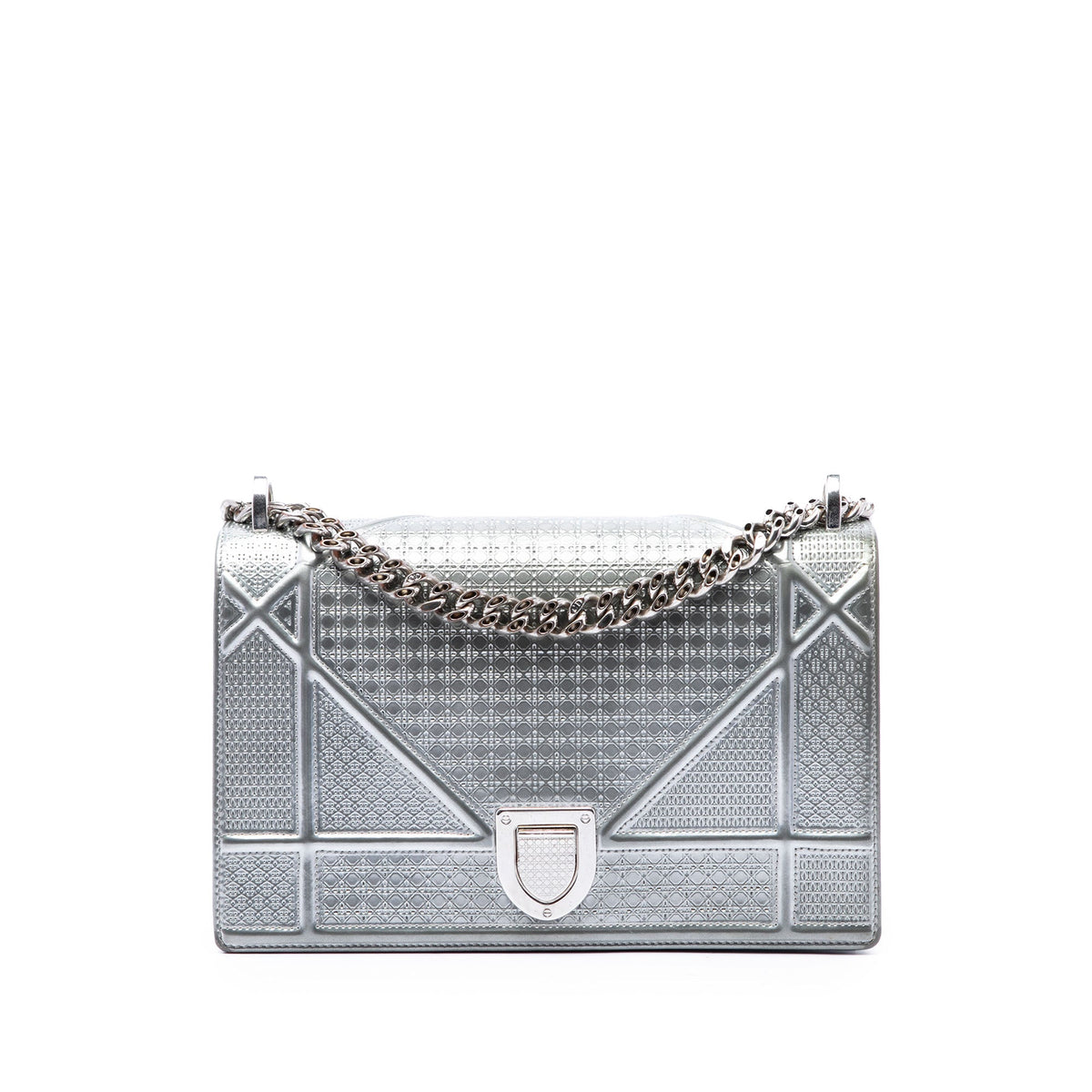 Dior Medium Metallic Patent Microcannage Diorama Flap — Silver