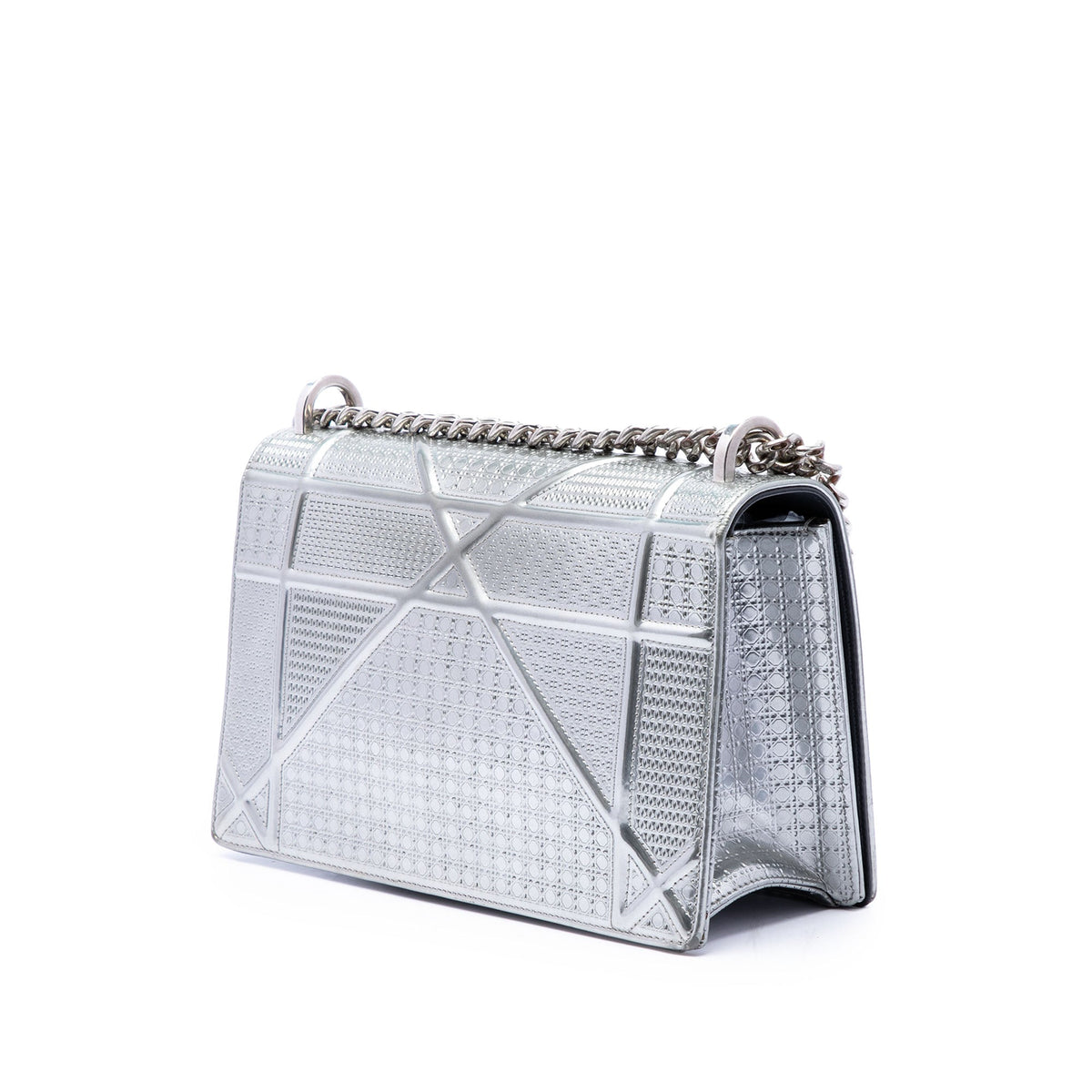 Dior Medium Metallic Patent Microcannage Diorama Flap — Silver