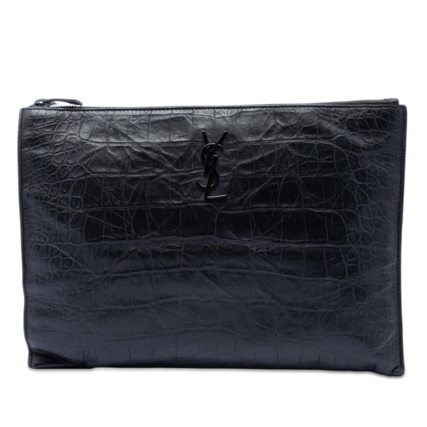 Saint Laurent Croc Embossed Leather Monogram Document Holder