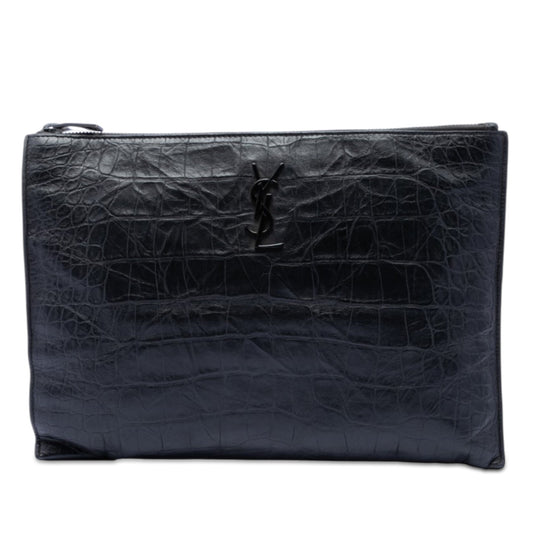 Saint Laurent Croc Embossed Leather Monogram Document Holder