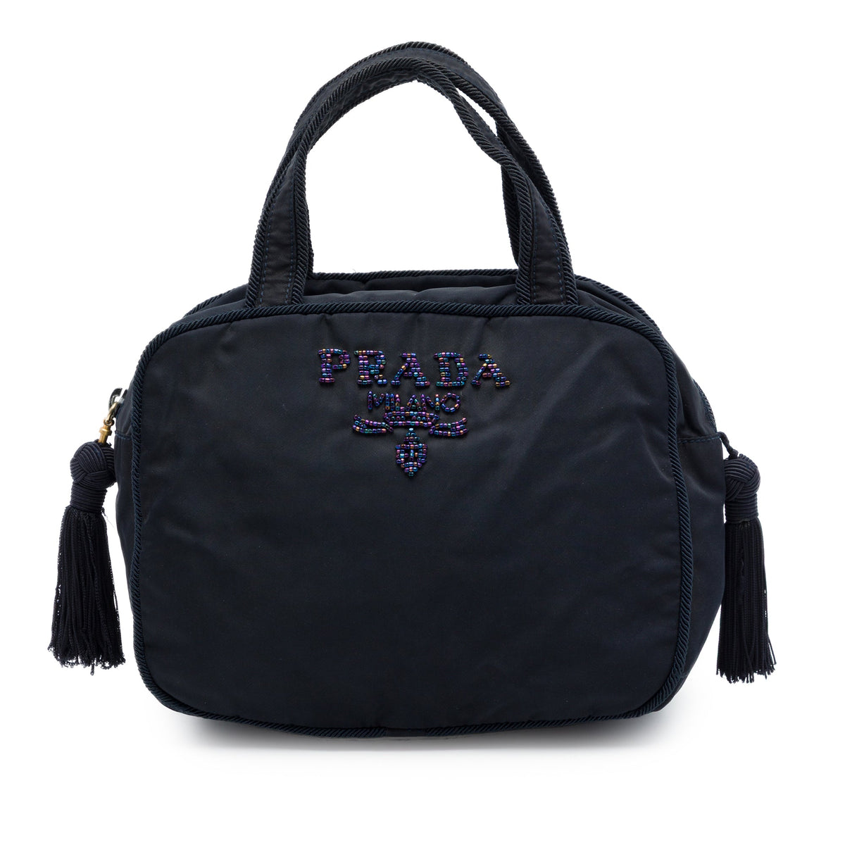 Prada Tessuto Beaded Logo Tassel Handbag — Blue