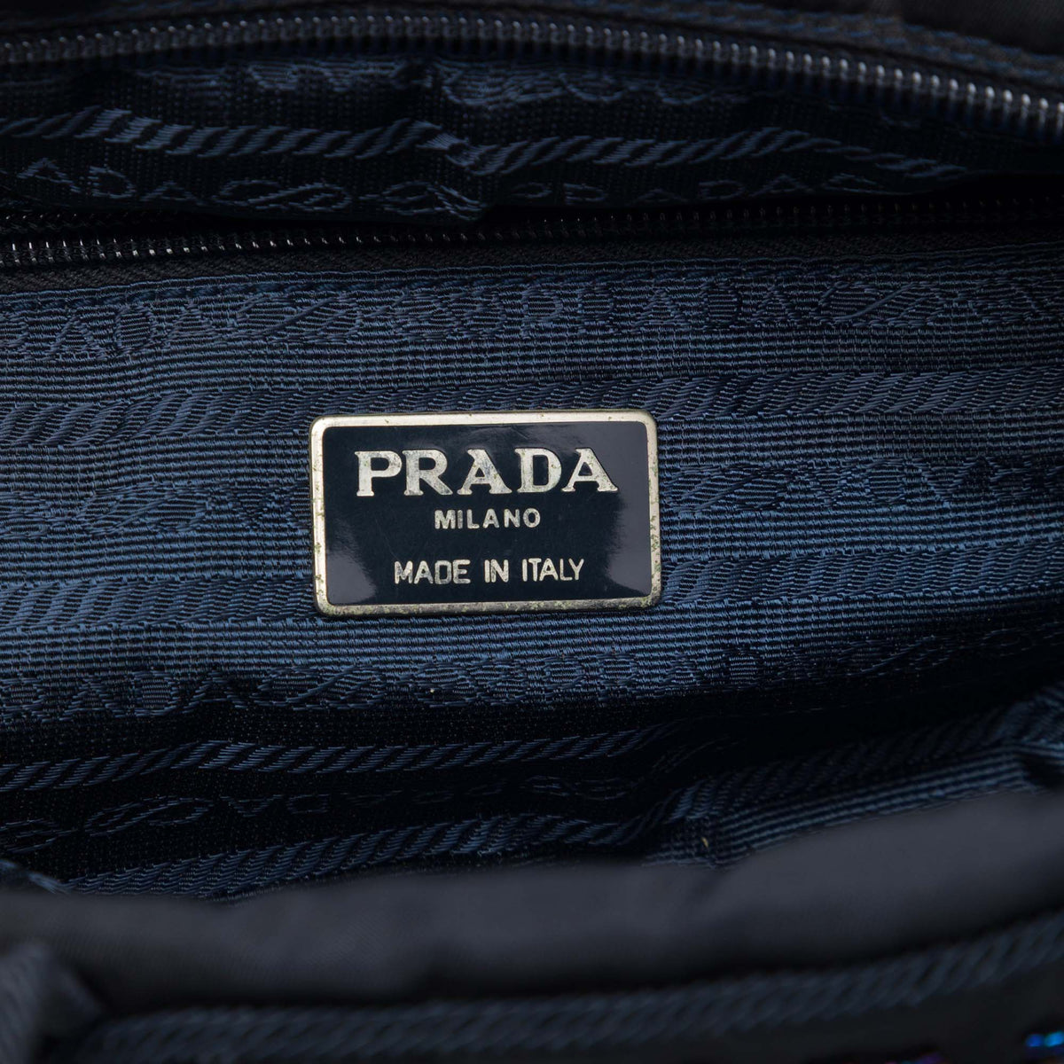 Prada Tessuto Beaded Logo Tassel Handbag — Blue
