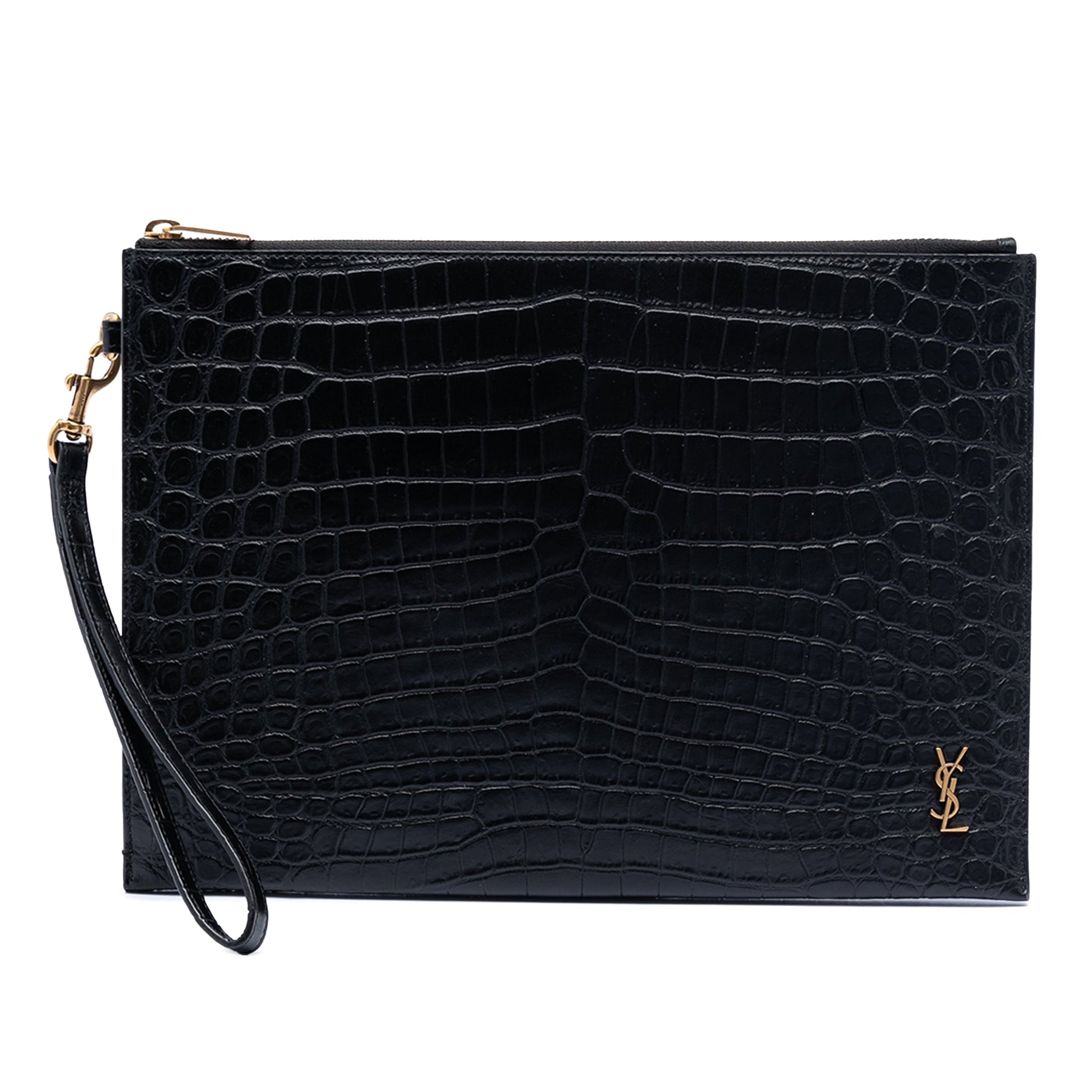 Saint Laurent Croc Embossed Leather Tiny Monogram Zipped Tablet Holder