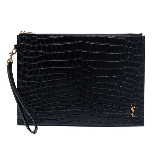 Saint Laurent Croc Embossed Leather Tiny Monogram Zipped Tablet Holder