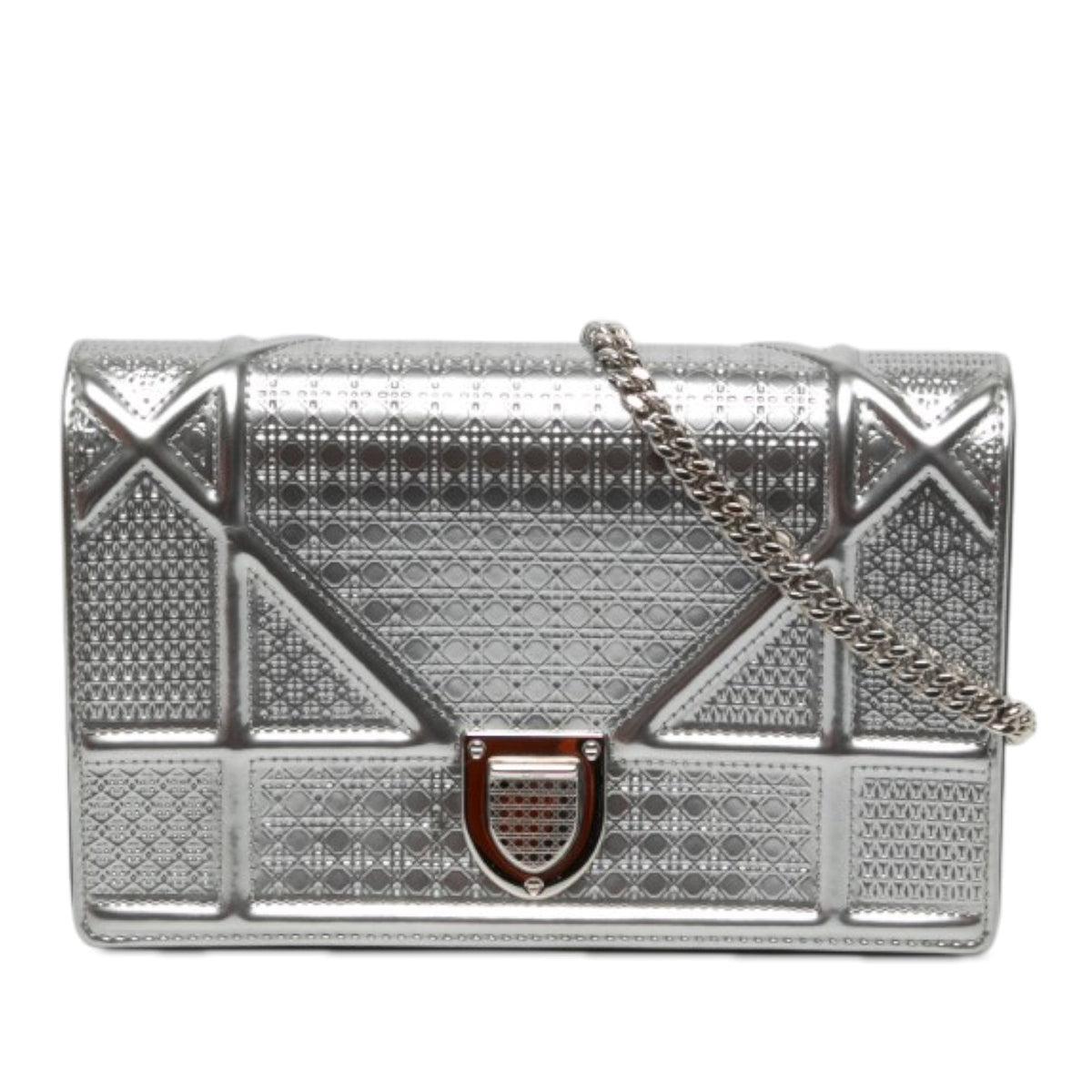 Dior Metallic Patent Microcannage Diorama Wallet on Chain — Silver