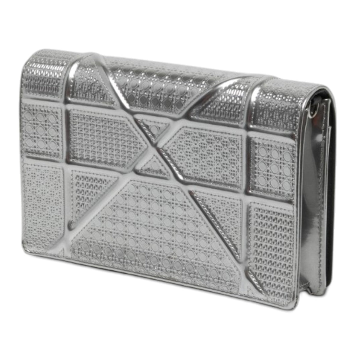Dior Metallic Patent Microcannage Diorama Wallet on Chain — Silver
