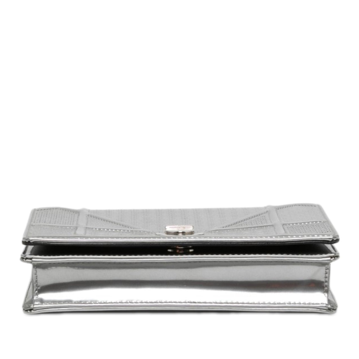 Dior Metallic Patent Microcannage Diorama Wallet on Chain — Silver