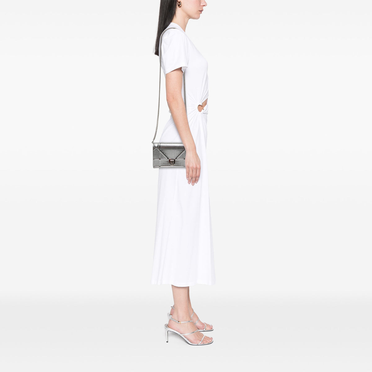 Dior Metallic Patent Microcannage Diorama Wallet on Chain — Silver