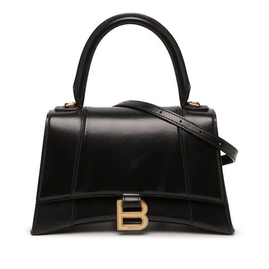 Balenciaga Small Shiny Box Calfskin Hourglass Top Handle Bag — Black