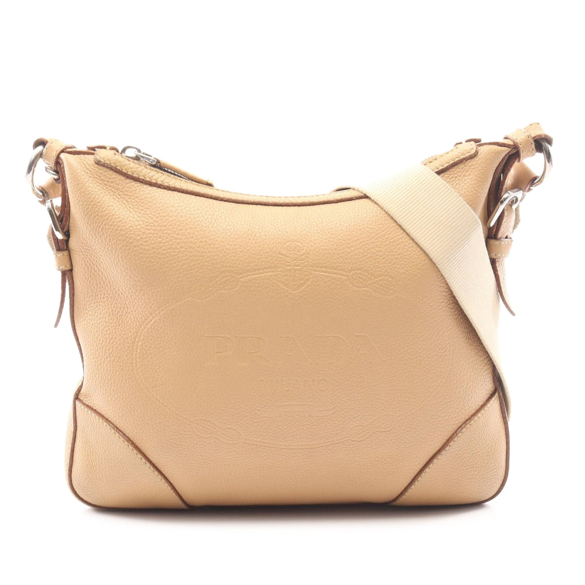 Prada Vitello Daino Logo Crossbody — Beige