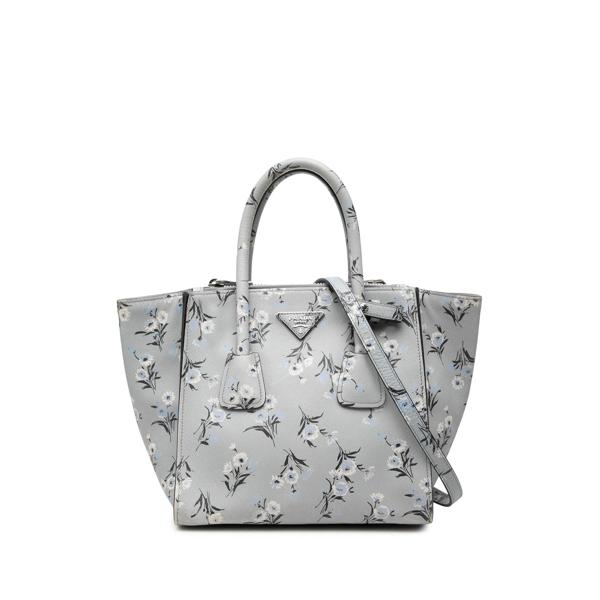 Prada Saffiano Floral Twin Pocket Satchel — Gray