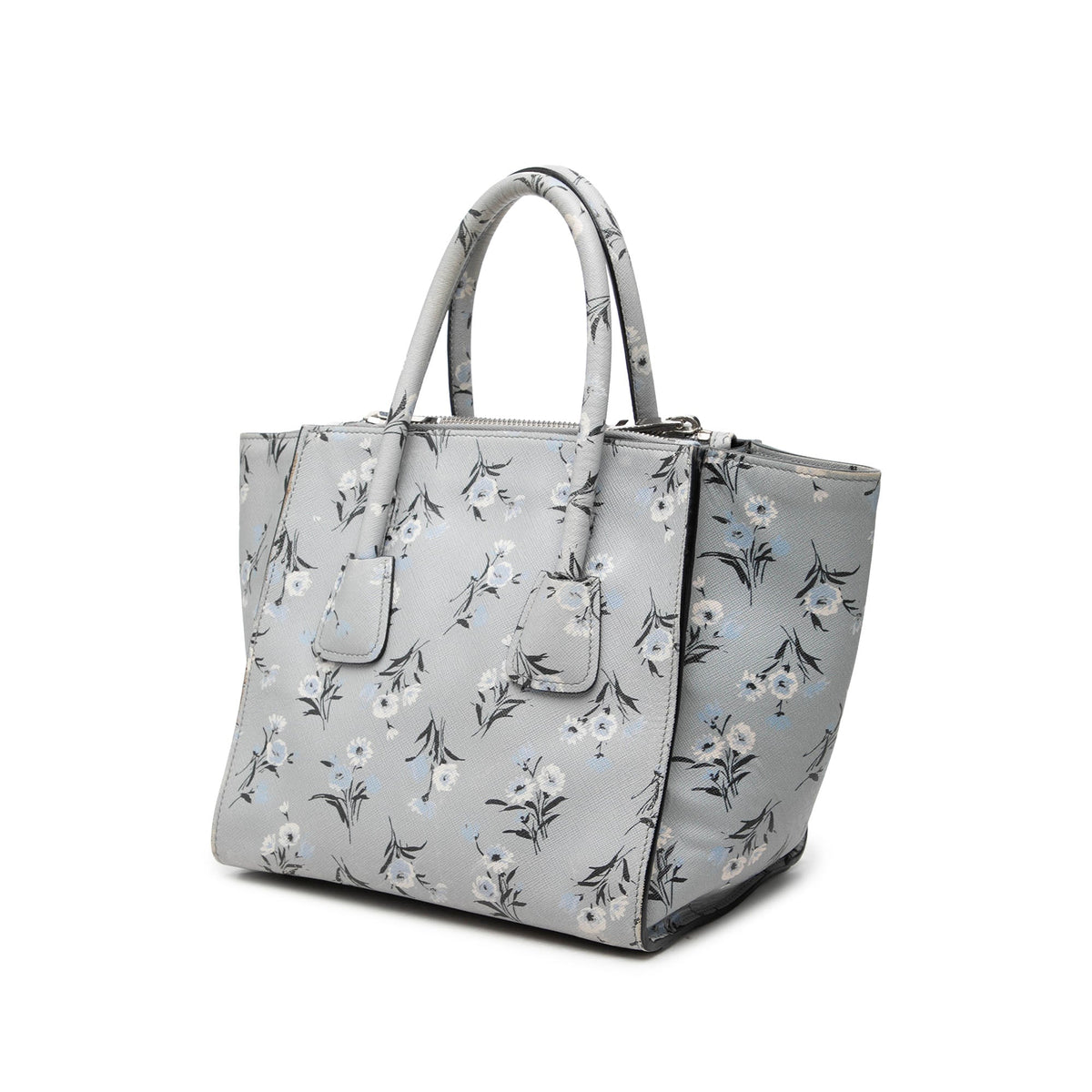 Prada Saffiano Floral Twin Pocket Satchel — Gray