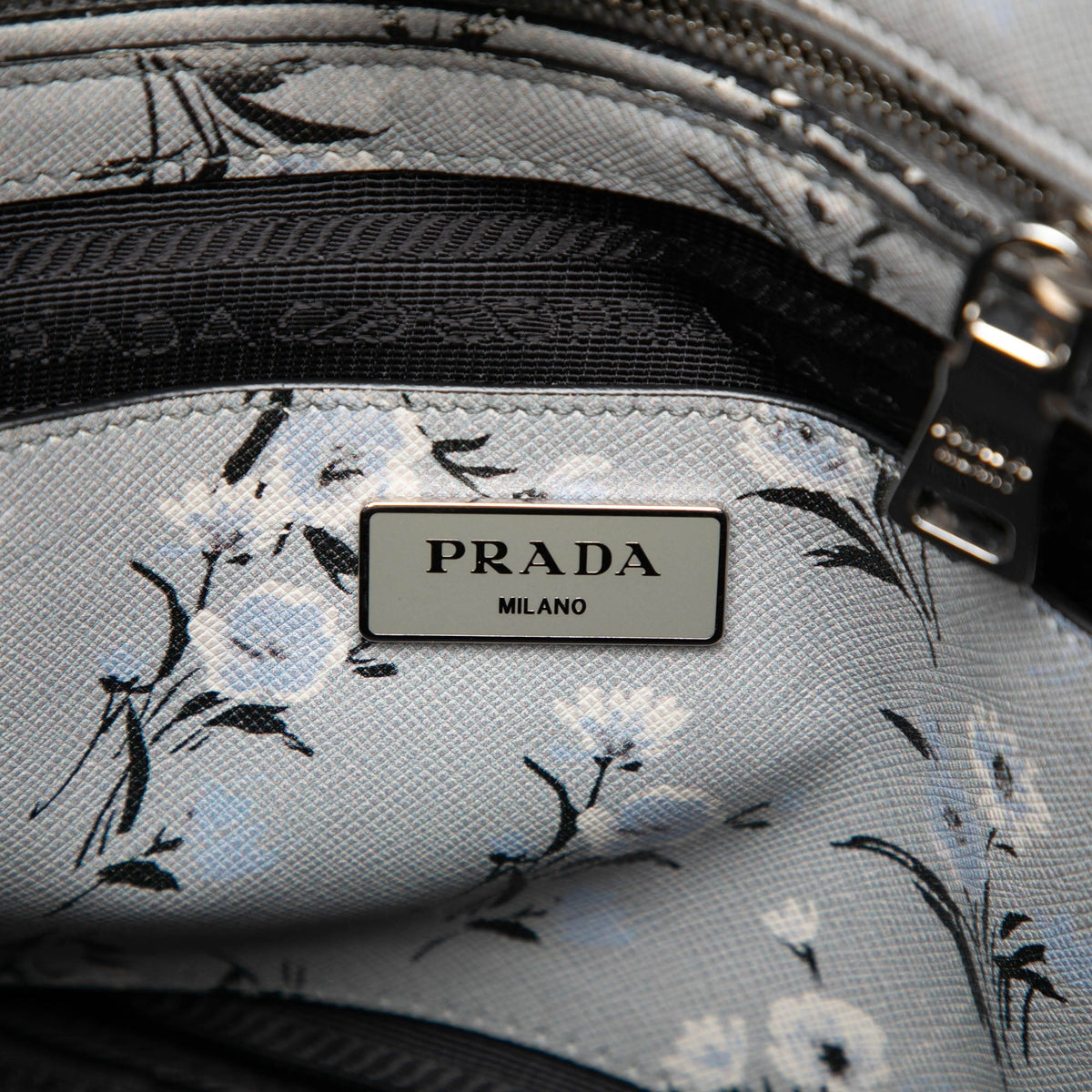 Prada Saffiano Floral Twin Pocket Satchel — Gray