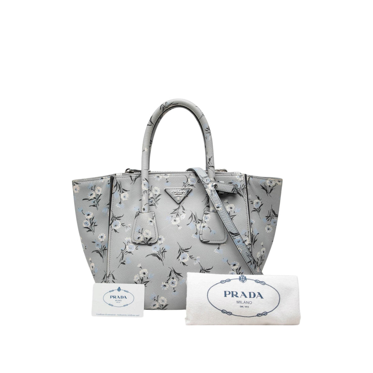 Prada Saffiano Floral Twin Pocket Satchel — Gray