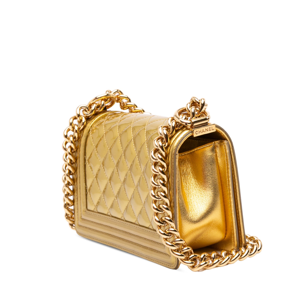 Chanel Small Quilted Metallic Patent Boy Flap — Gold